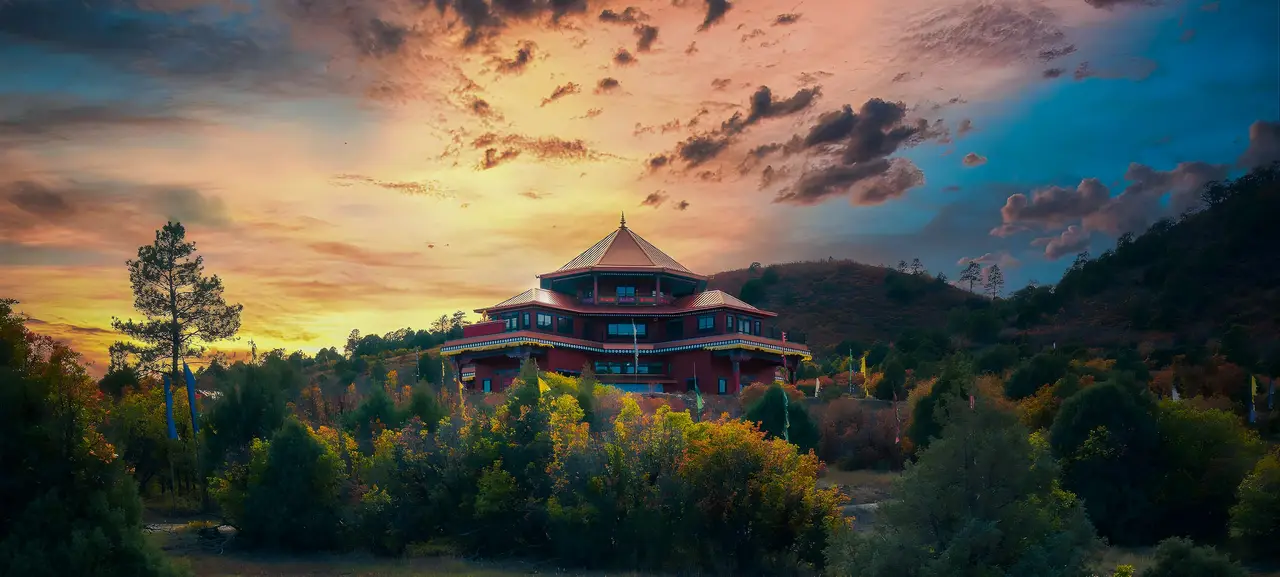 The three-story Tara Temple at sunset in the mountains of southwest Colorado