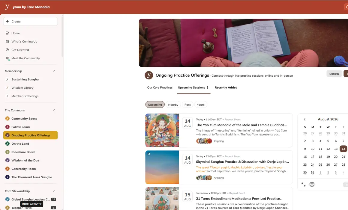 The Yana community app open to the Ongoing Practice Offerings space, with upcoming sessions and a calendar